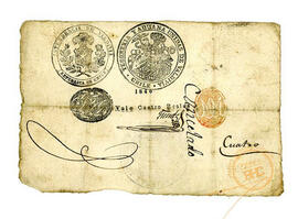 Trozo de papel con timbres de Intendencia de Valdivia y Tesorería y aduana unidas de Valdivia