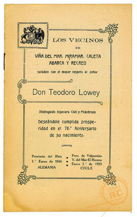 Folleto celebración 76 años Teodoro Lowey, 1923 - Viña del Mar